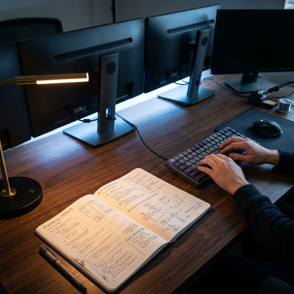 Developer workspace with code editor and engineering notes