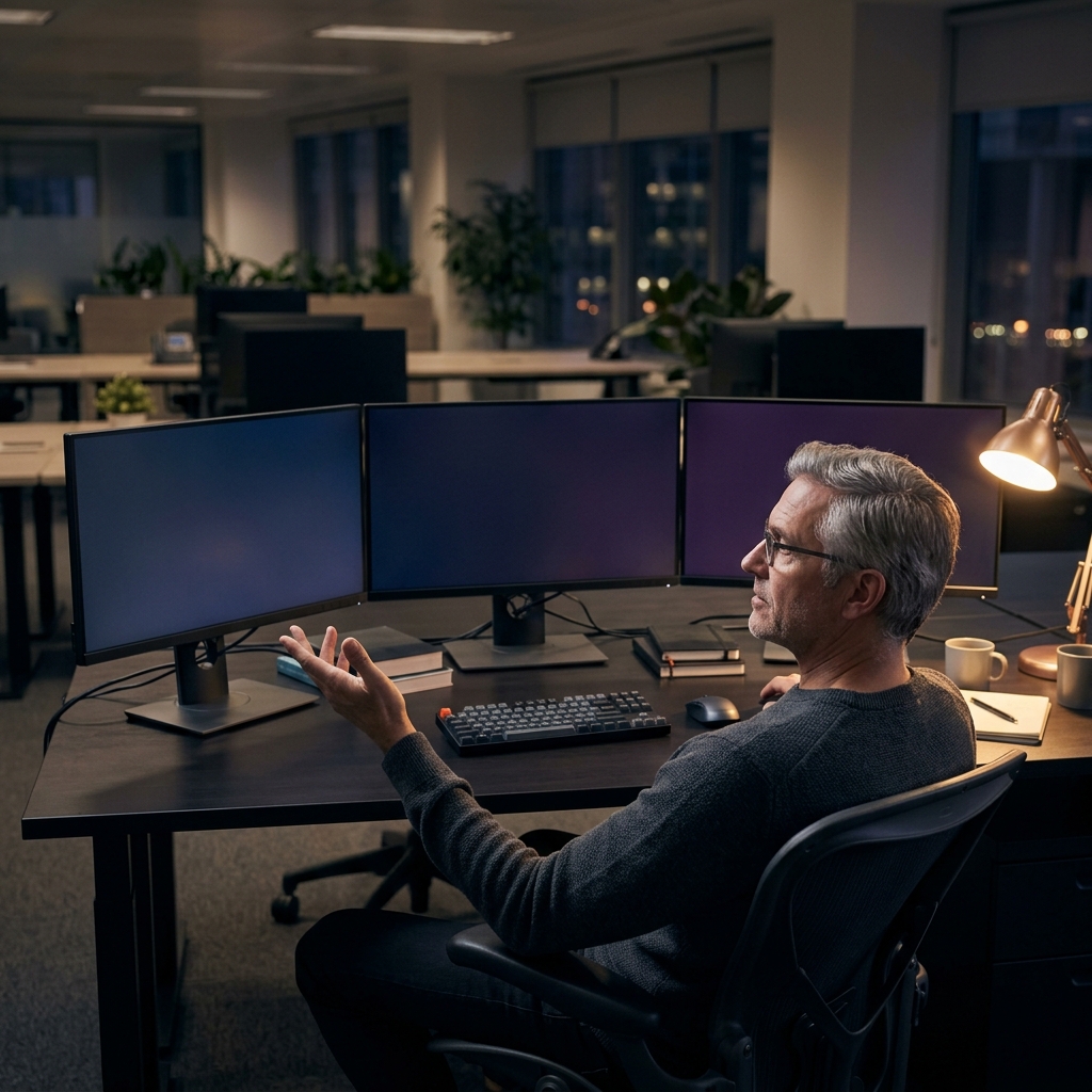 Senior developer reviewing multi-monitor code architecture