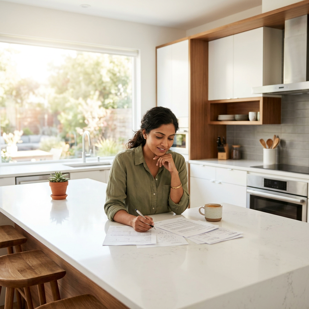Woman reviewing home purchase documents at new kitchen island