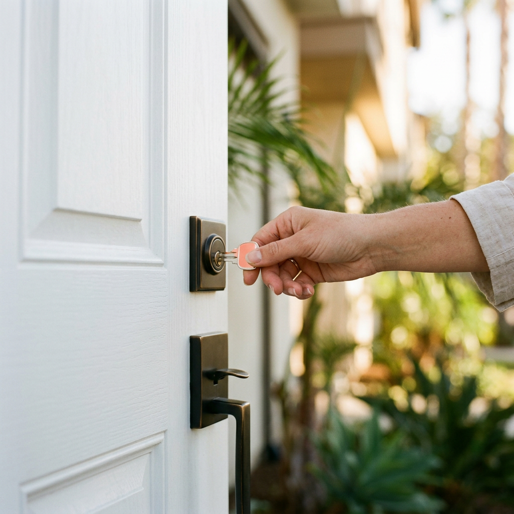 Close-up of buyer holding key to new construction home