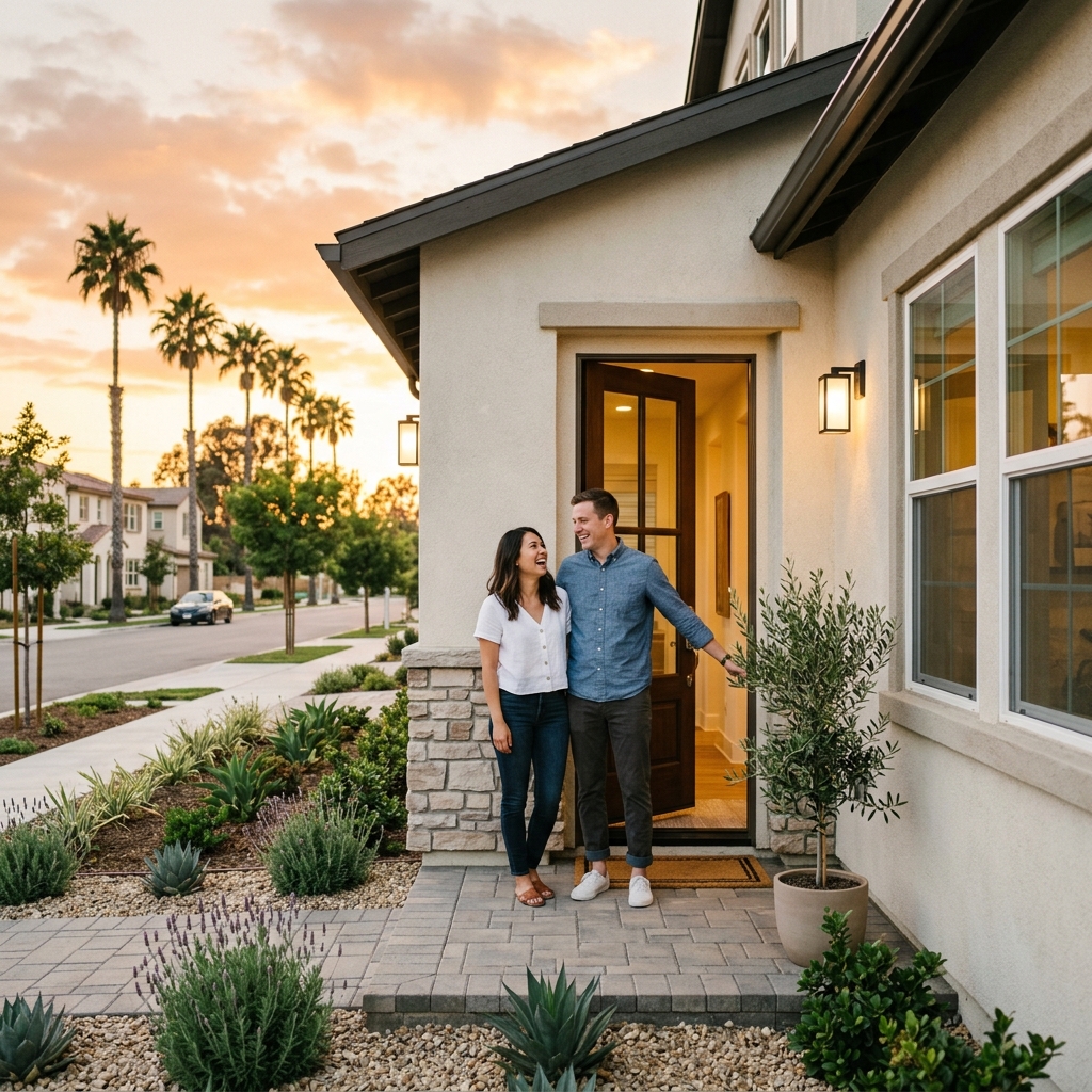 Couple smiling at entrance of newly built Southern California home