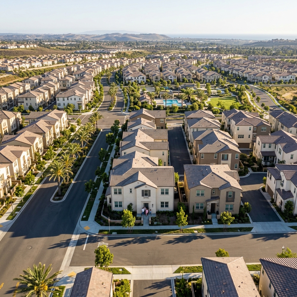 Aerial view of Southern California new construction community with family