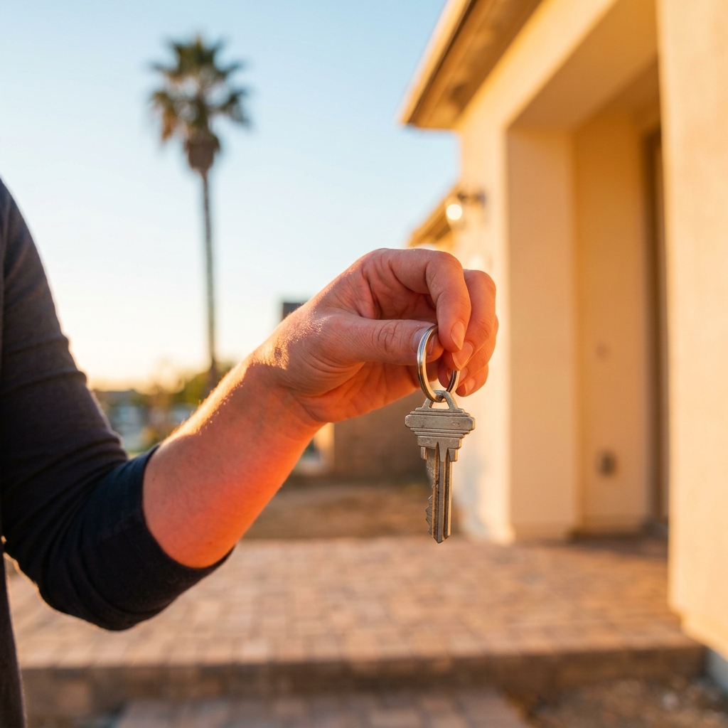 Woman holding house key on new construction home doorstep at golden hour