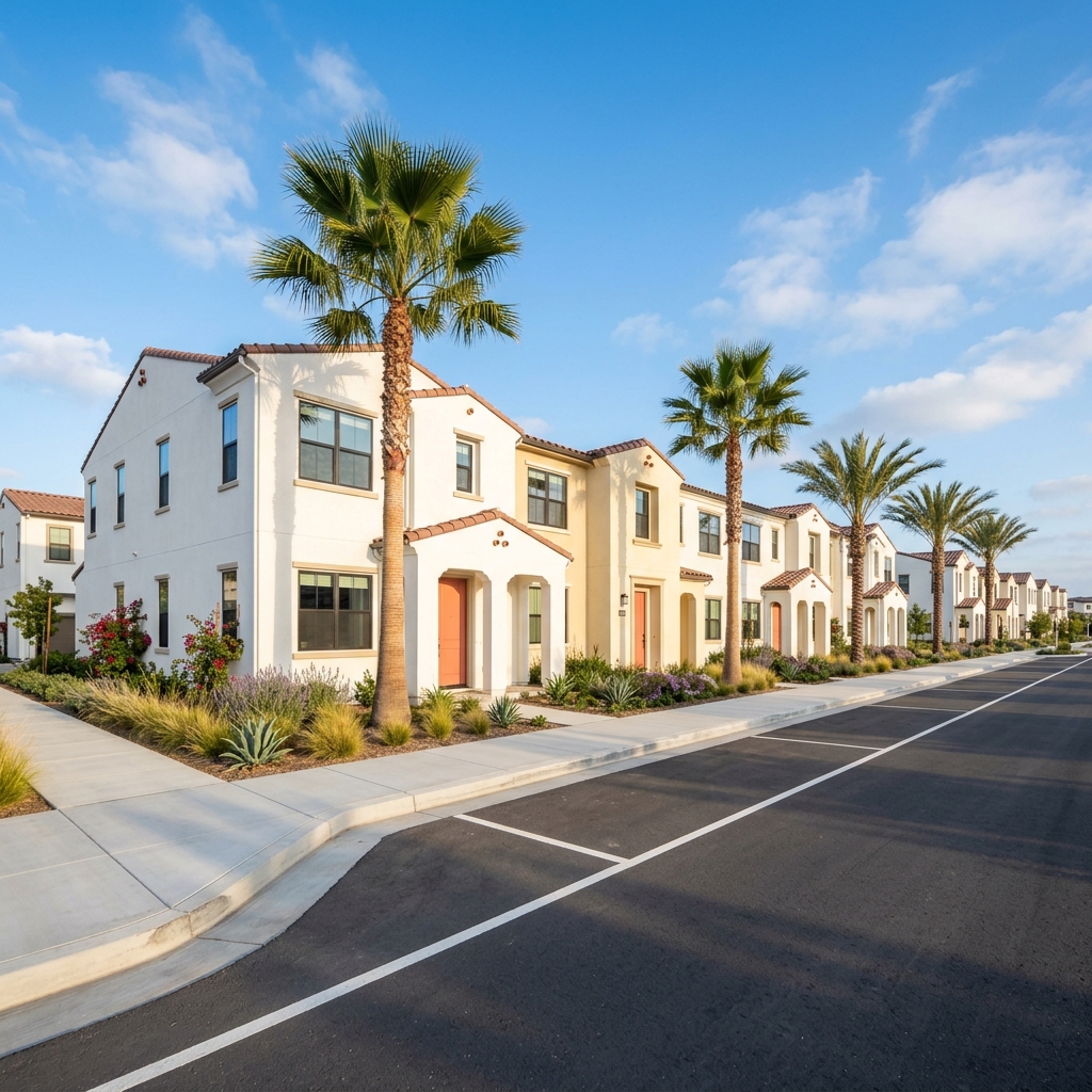 New stucco townhomes in sunny Southern California planned community