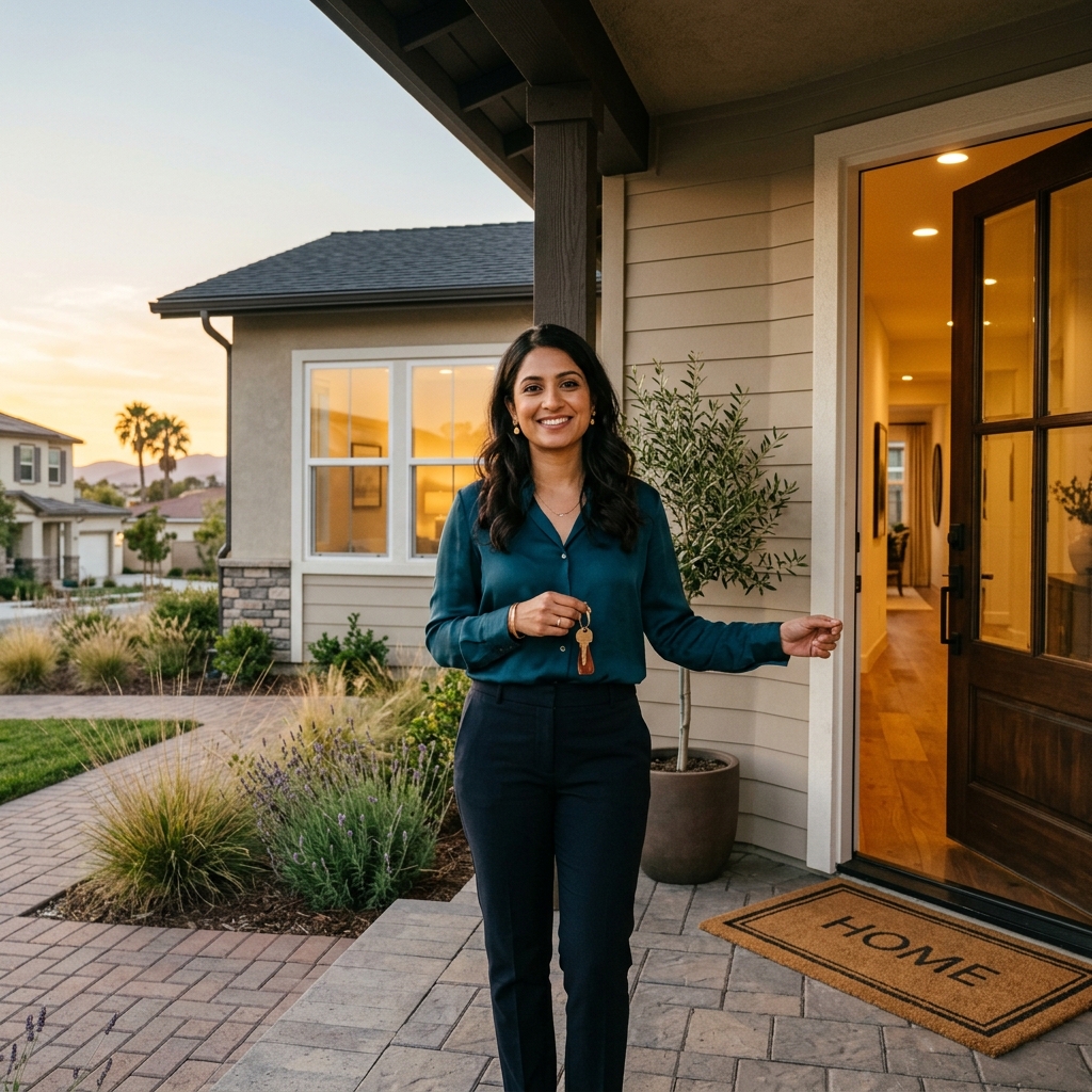 Woman holding key on doorstep of new construction home at golden hour