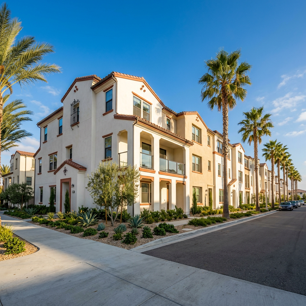 Newly built stucco townhomes on palm-lined Southern California street