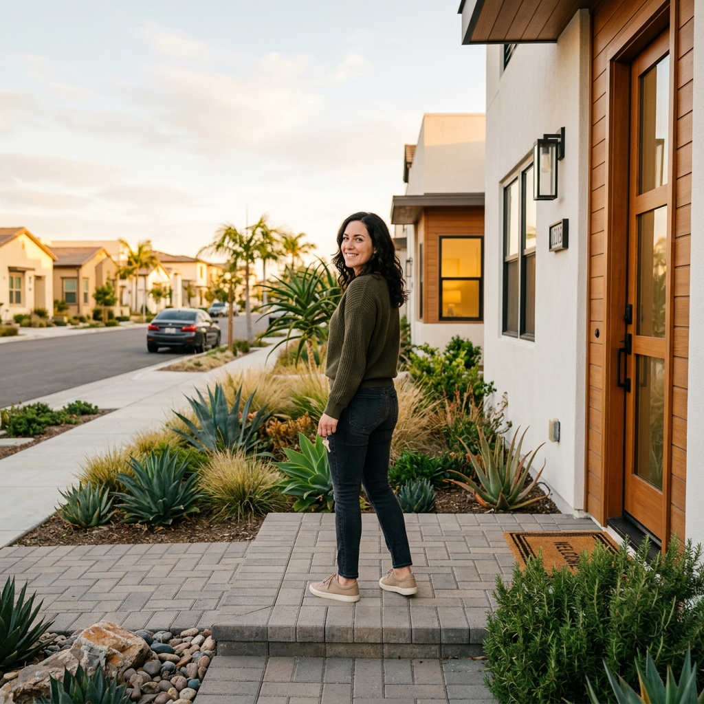 Woman holding house key on doorstep of new SoCal home at golden hour