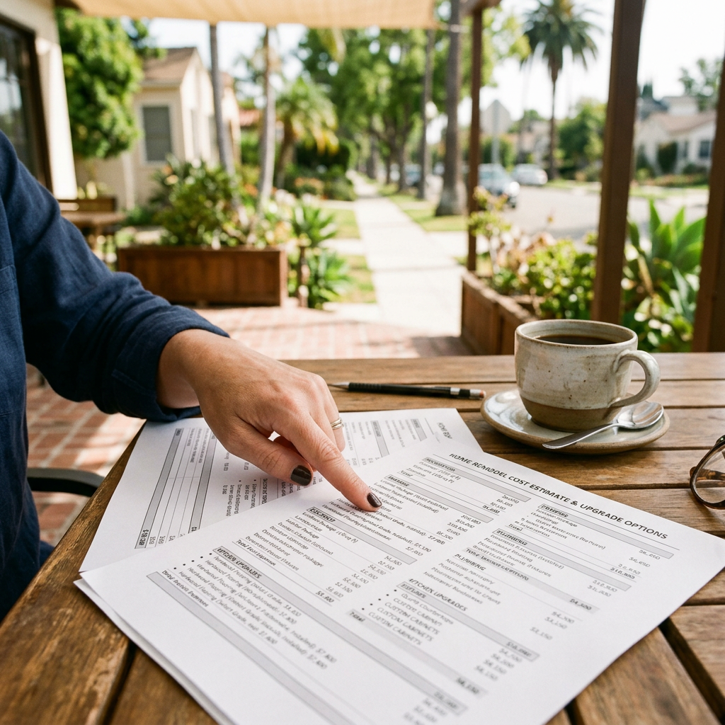 Buyer reviewing new construction cost breakdown document
