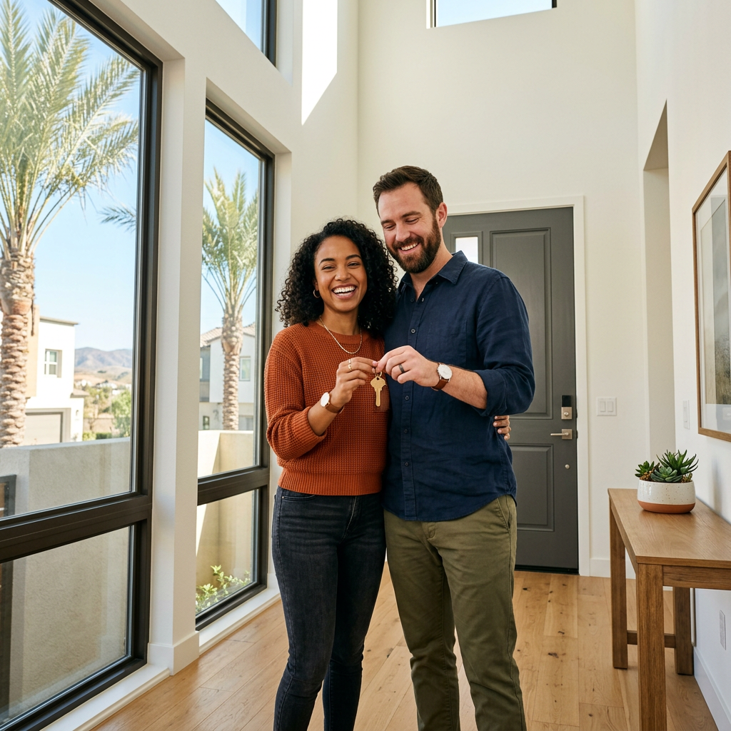 Couple holding key at new construction home entry