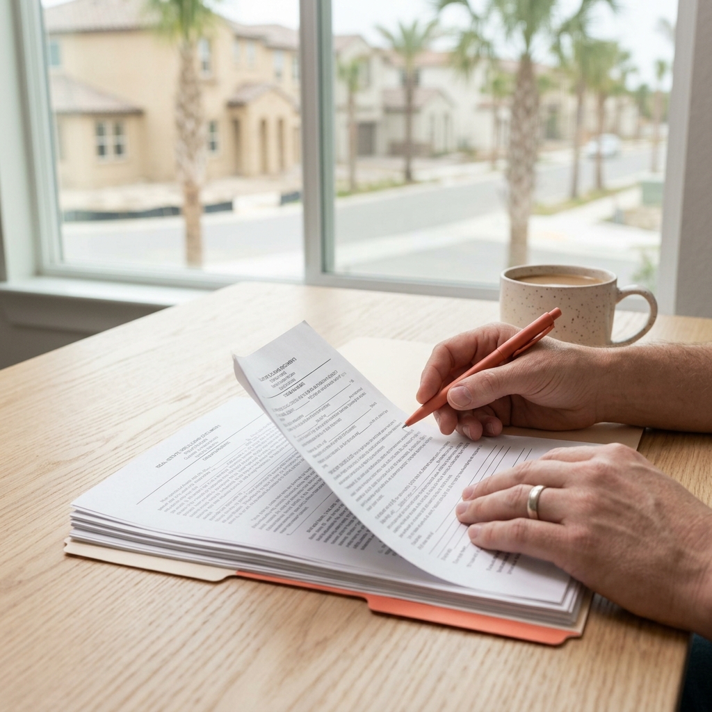 Buyer reviewing closing papers at home with neighborhood view