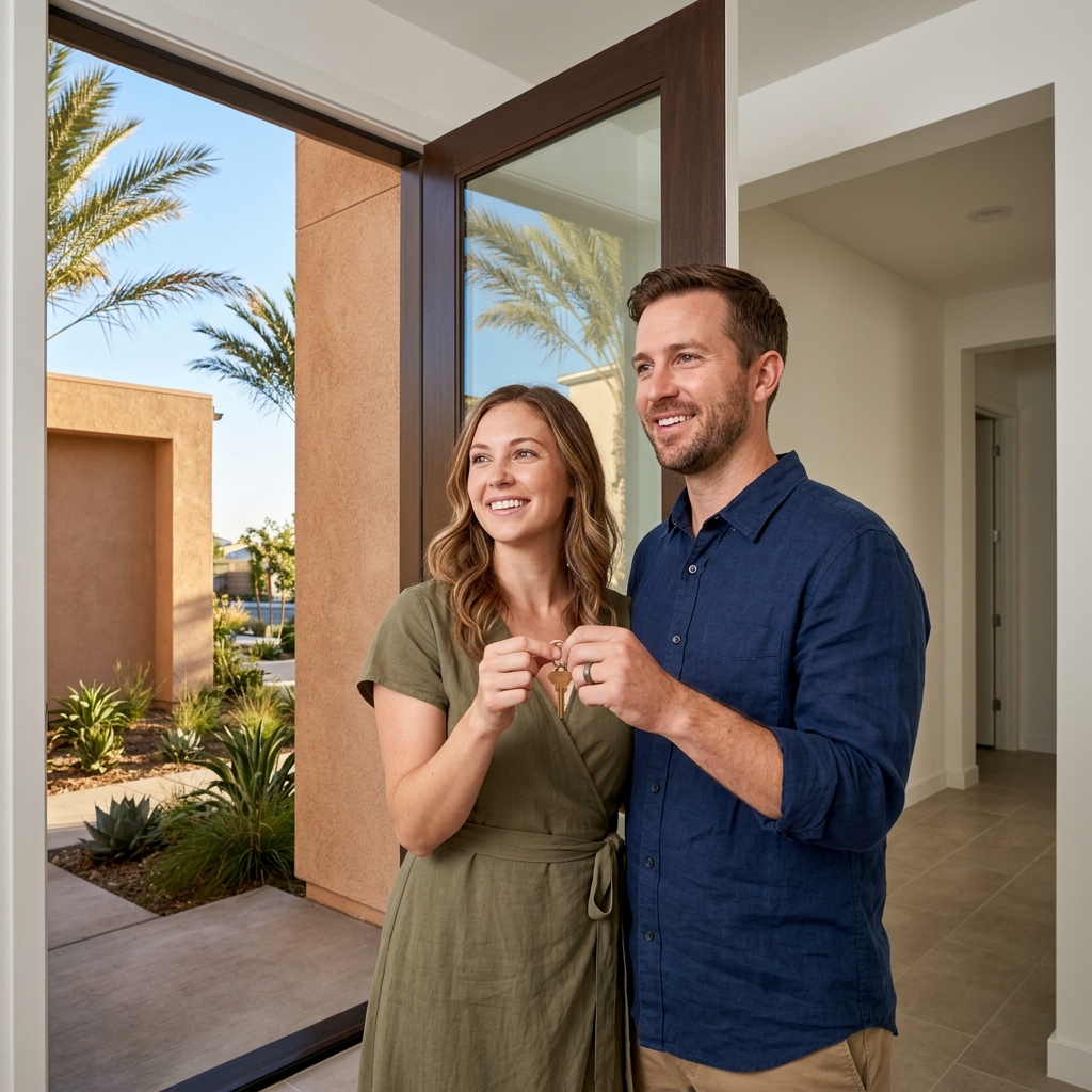 Couple holding key to new construction home at golden hour