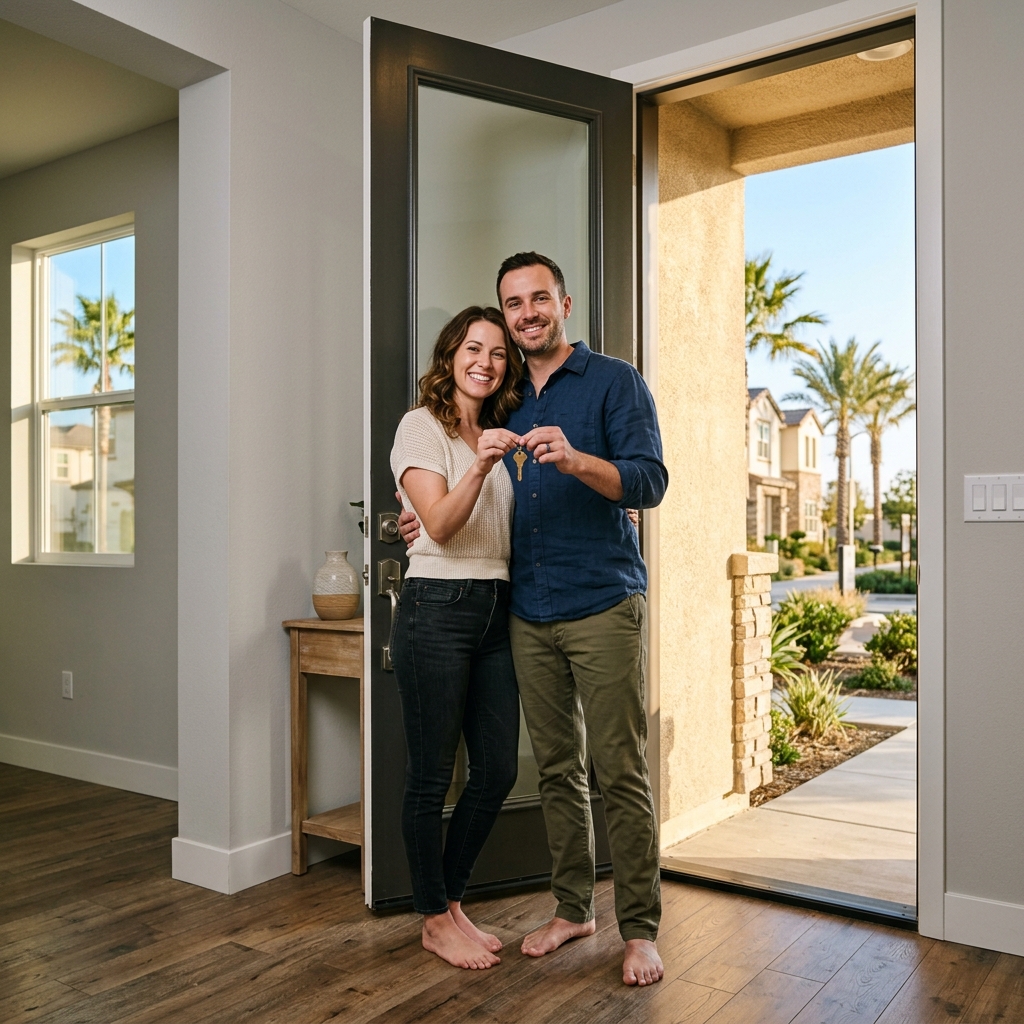 Couple holding key at entrance of new home