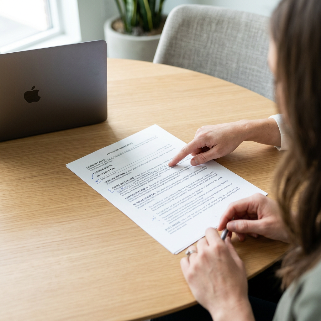 Buyer reviewing and discussing purchase agreement details