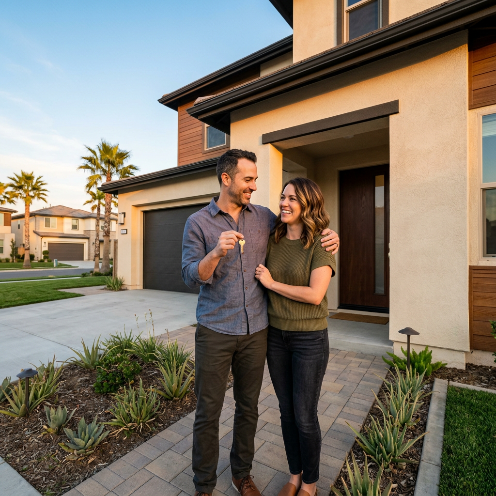 Couple holding key on doorstep of new construction home
