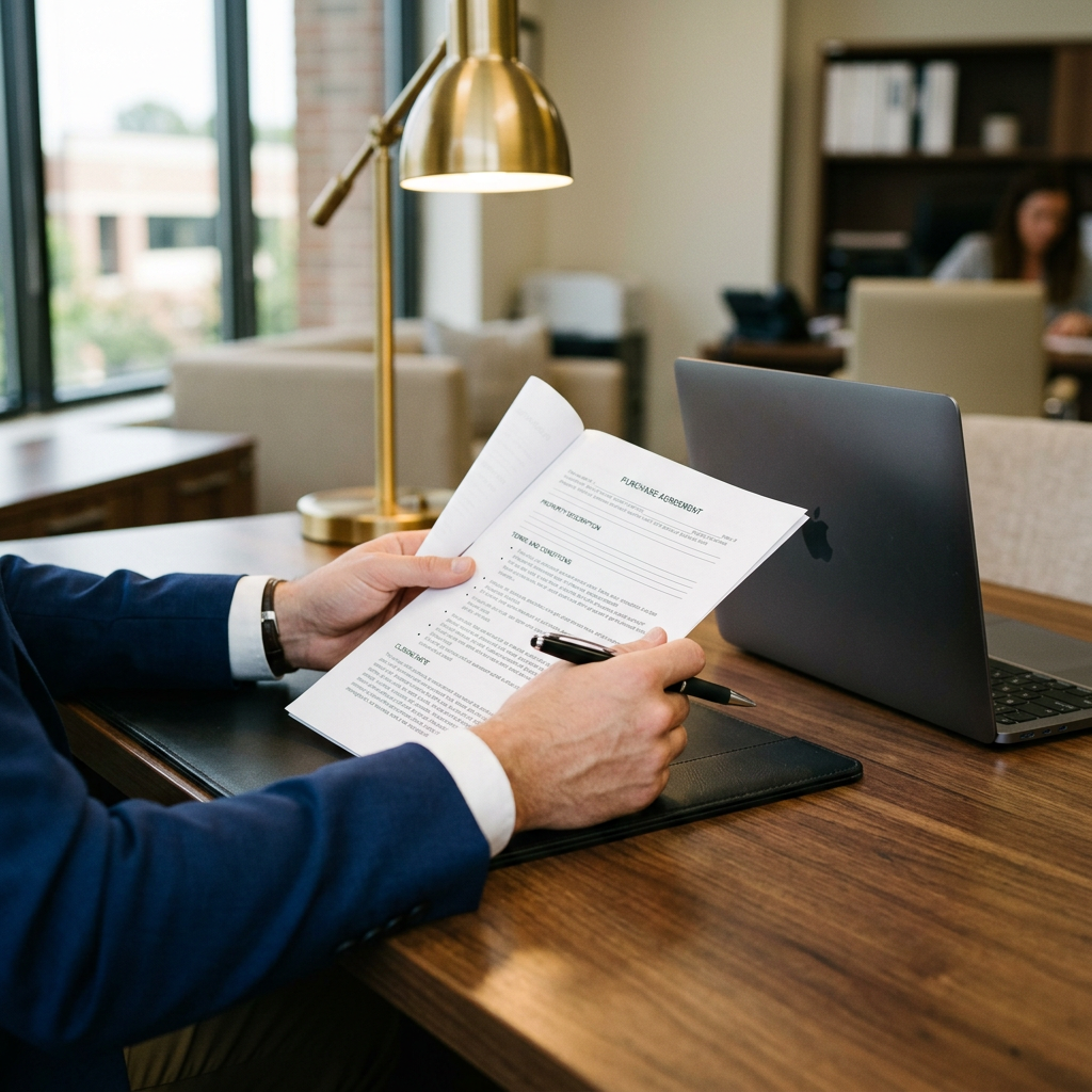 Buyer reviewing builder contract at desk with clear focus