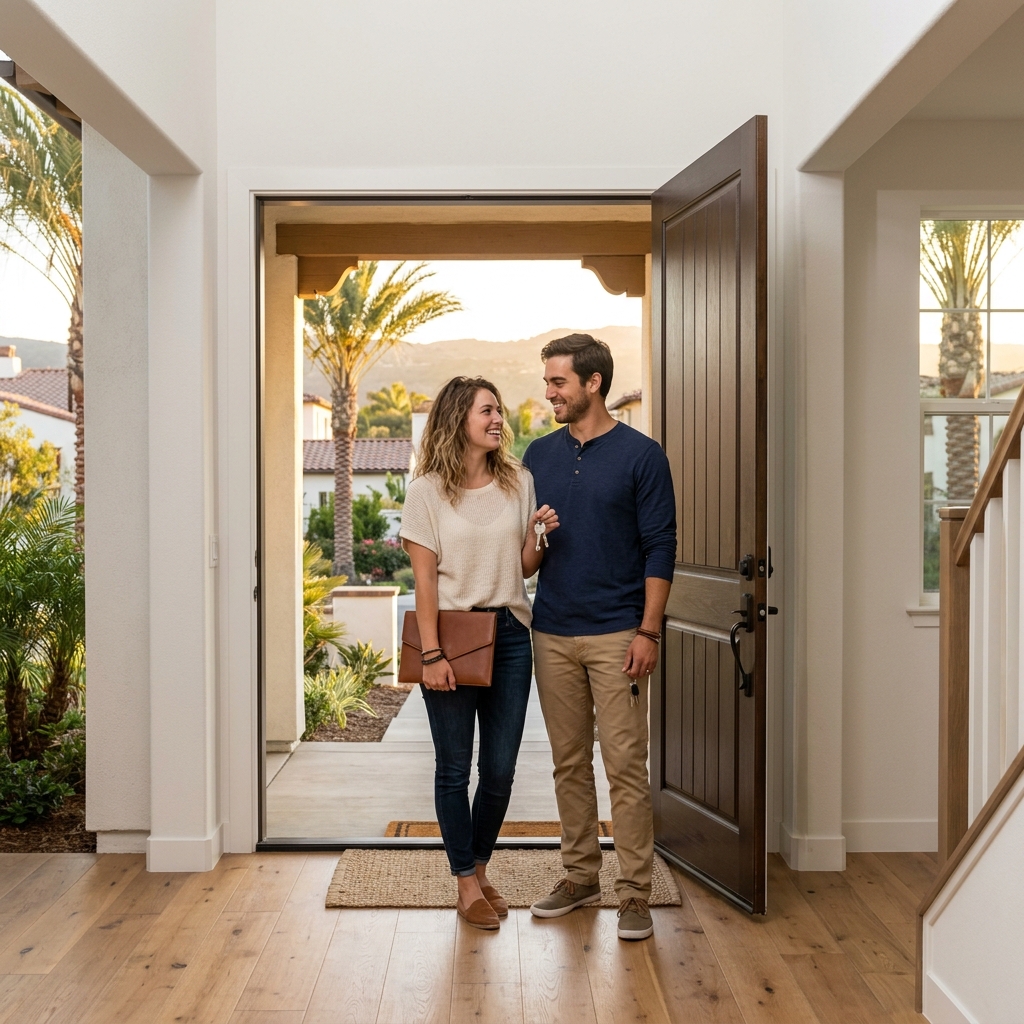 Couple holding keys and documents in new construction entryway