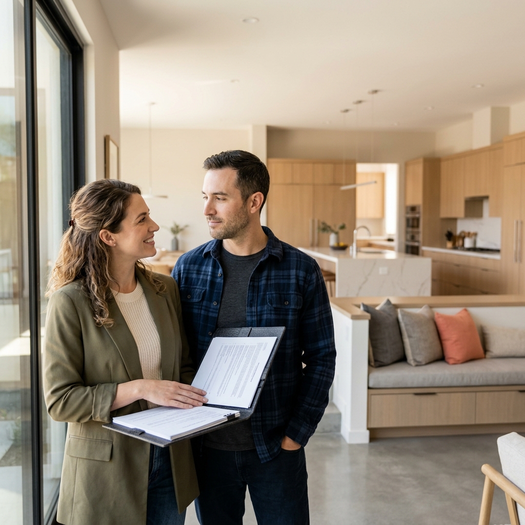 Couple reviewing builder contract documents in new model home