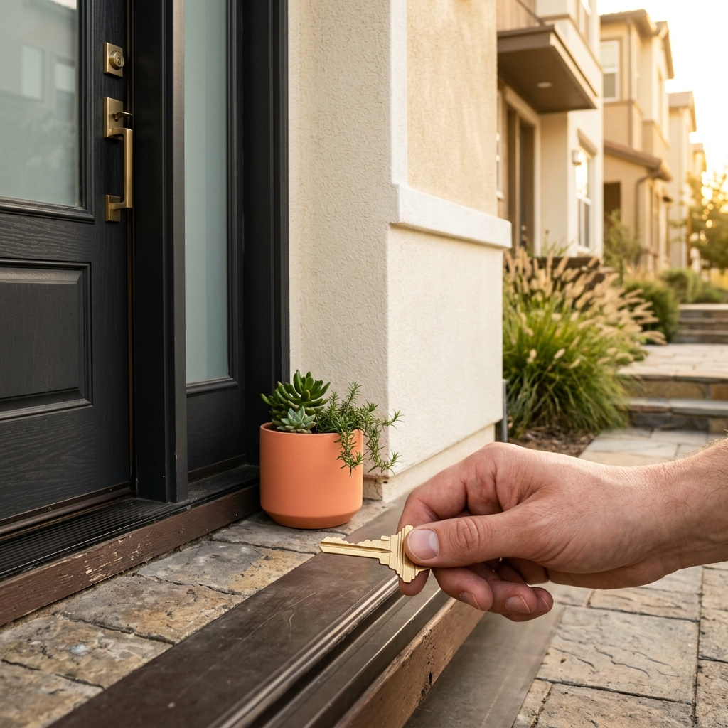 New homeowner holding key at entrance of brand new construction home