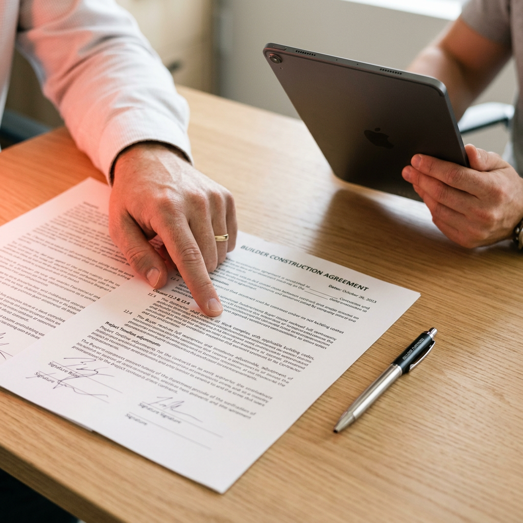 Hands reviewing builder contract clauses with tablet notes