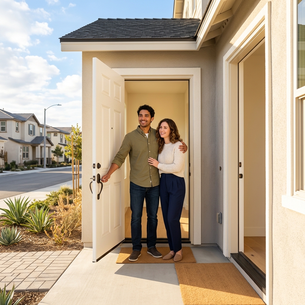 Couple at door of newly built SoCal home