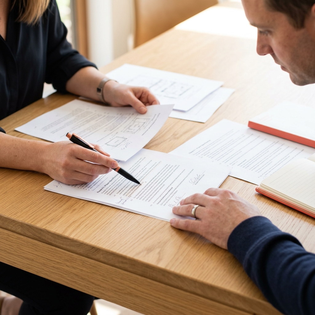Two people reviewing builder contract terms together