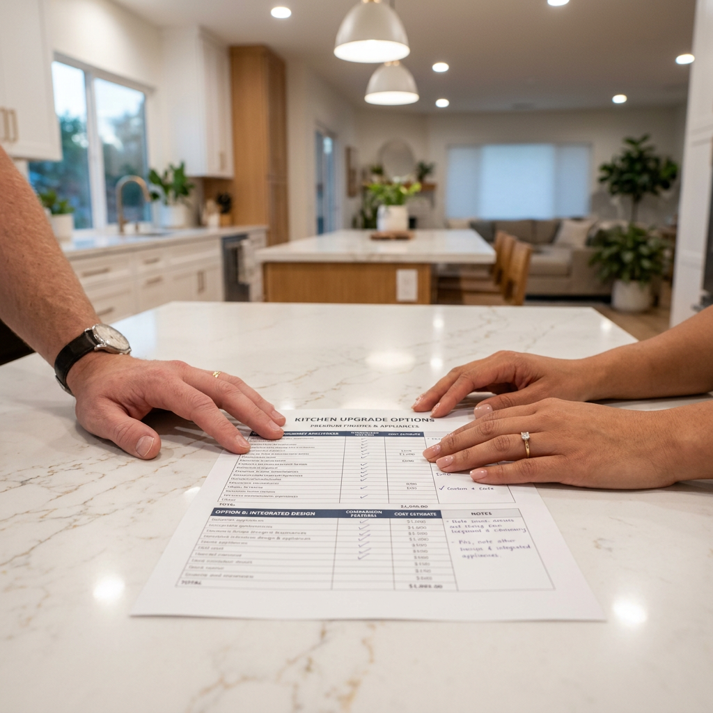 Couple examining upgrade worksheet on new construction kitchen island