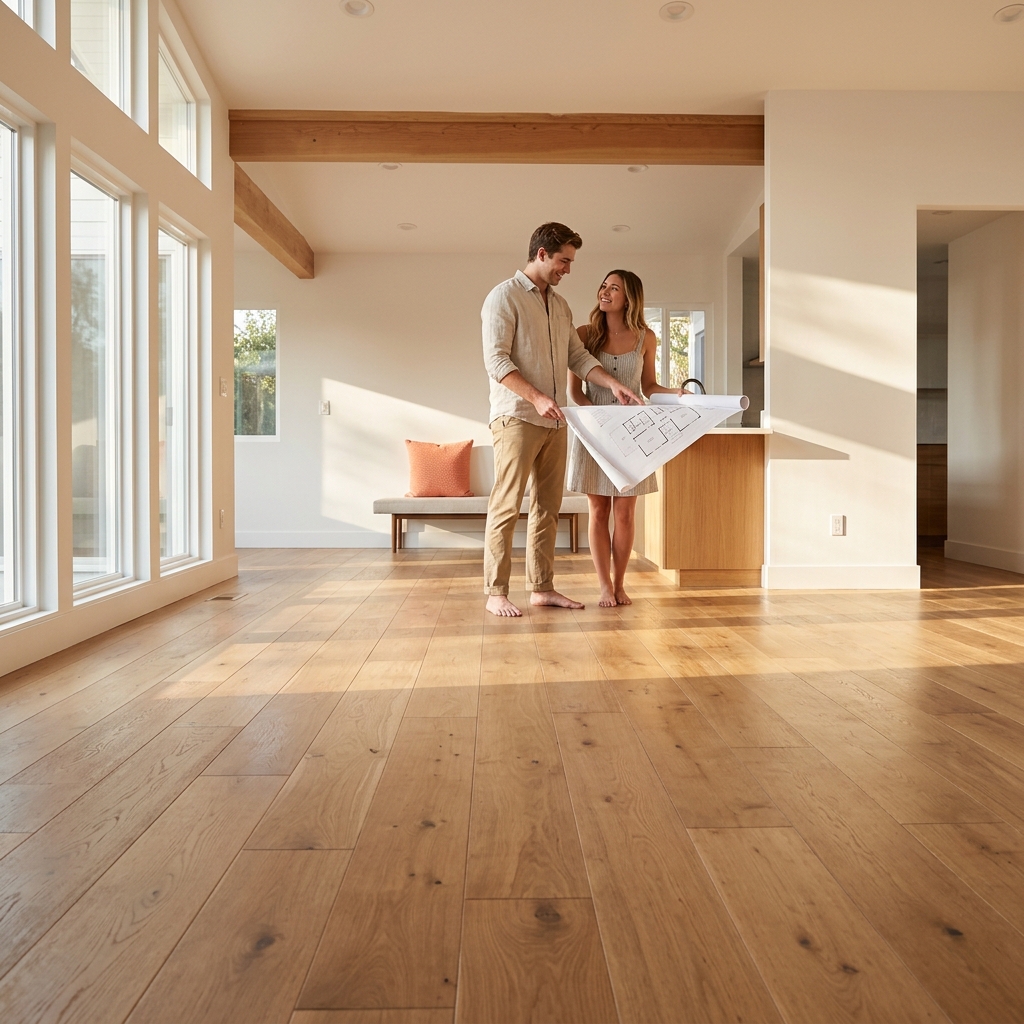 Couple reviewing floor plan in sunlit new construction living room