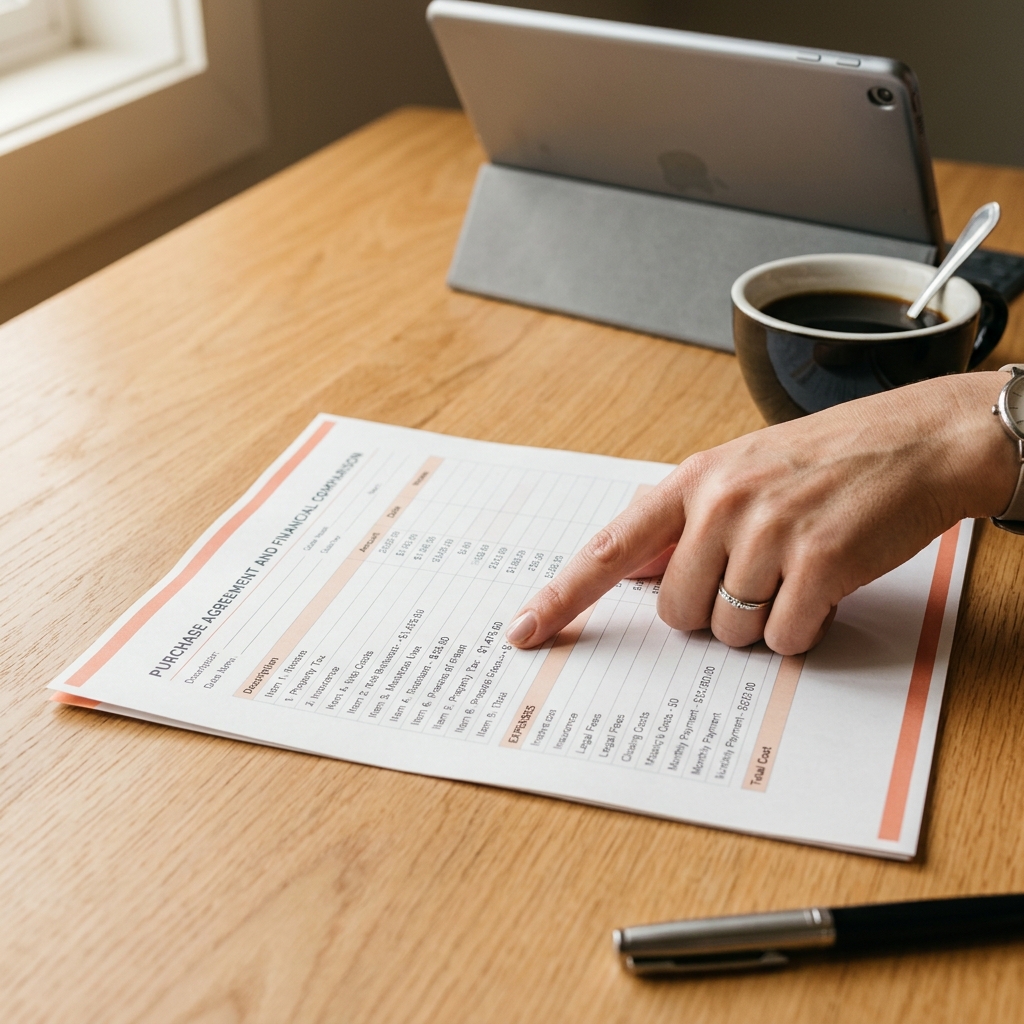 Close-up of hand reviewing financial documents and figures