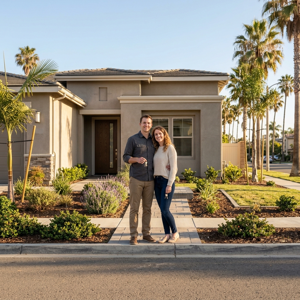 New homeowners holding keys at front entrance at golden hour