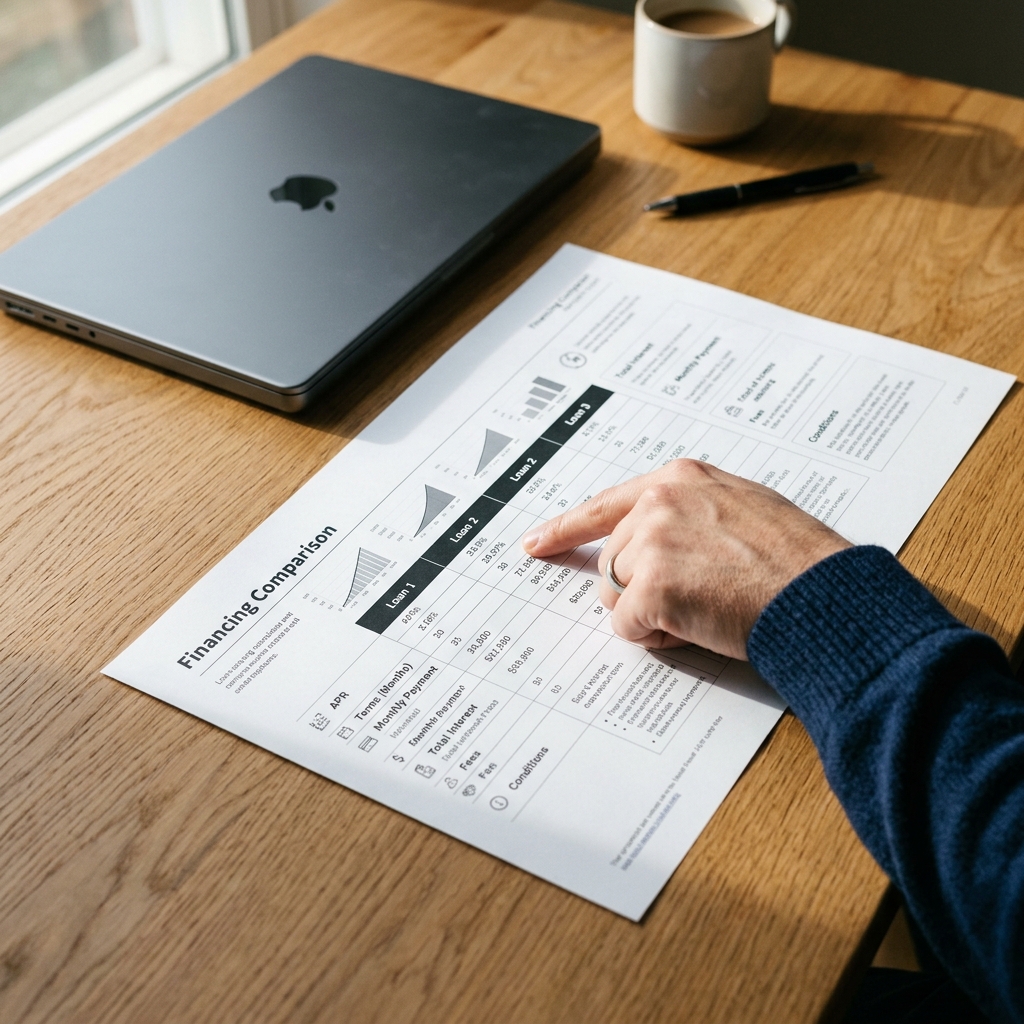 Hand reviewing financing comparison details on document