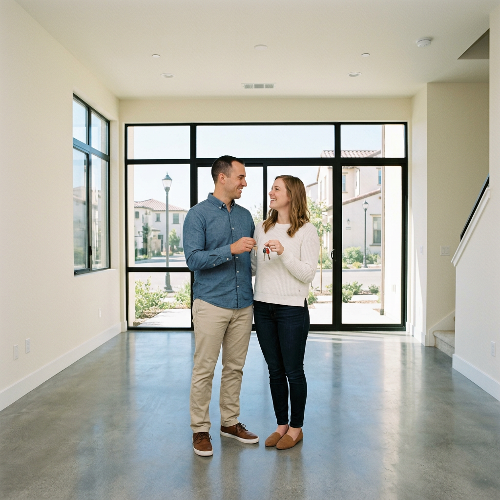 Young couple holding keys in newly built home living room