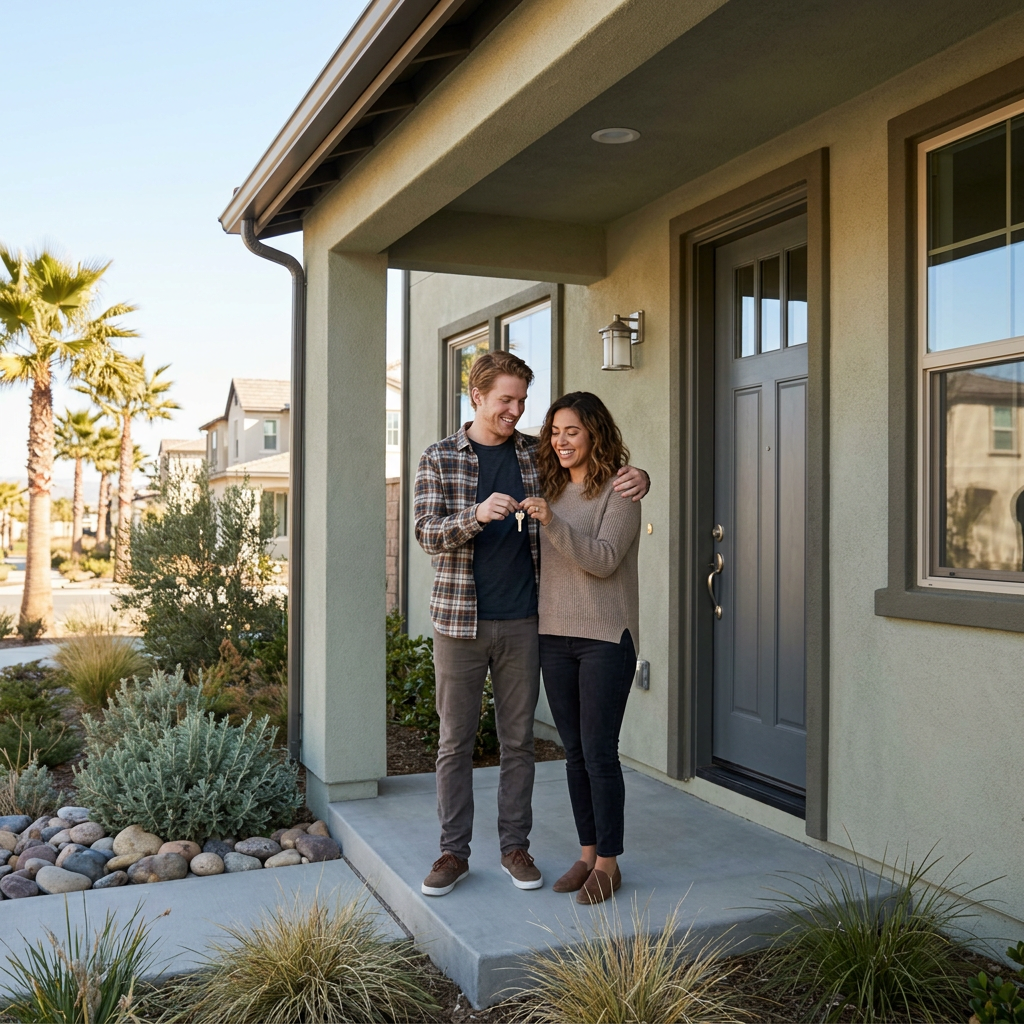 Couple holding key on front porch of new construction home