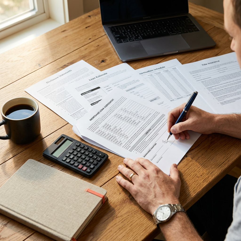 Hands signing mortgage documents at table with calculator