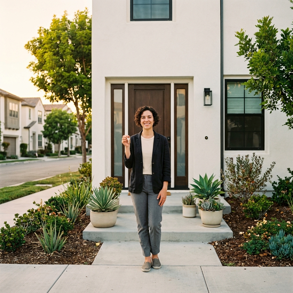 Homeowner holding key at newly built house entrance at sunset