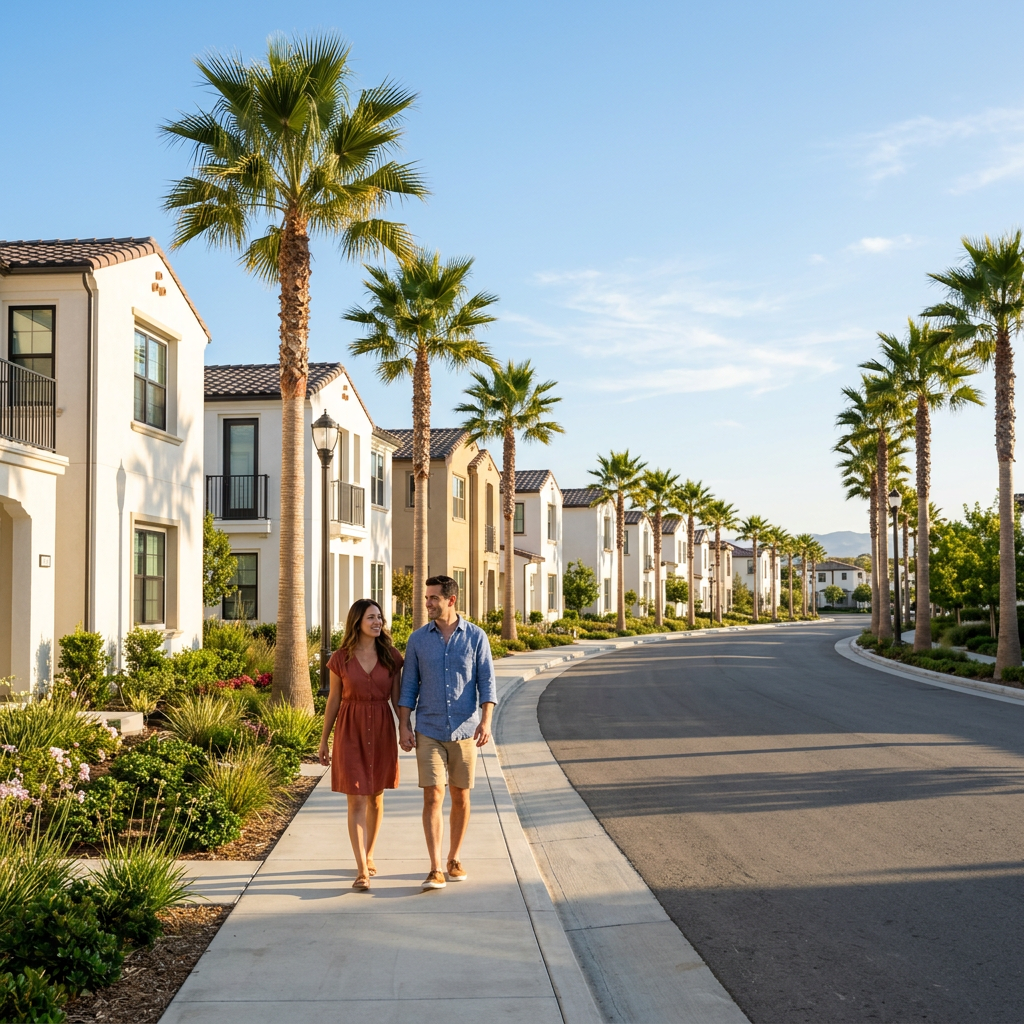 Young couple exploring new construction community in Southern California