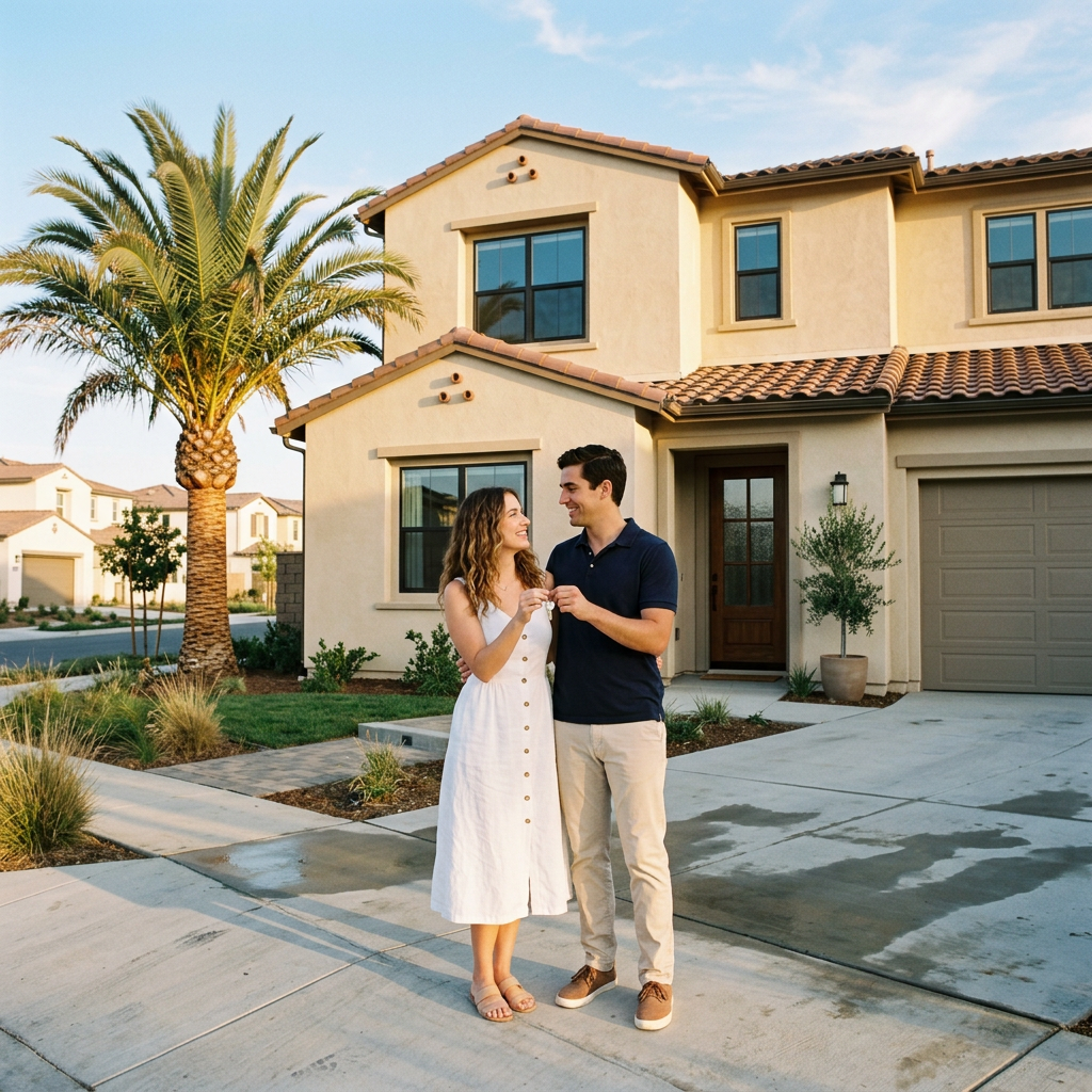 Young couple holding keys to new suburban home at sunset