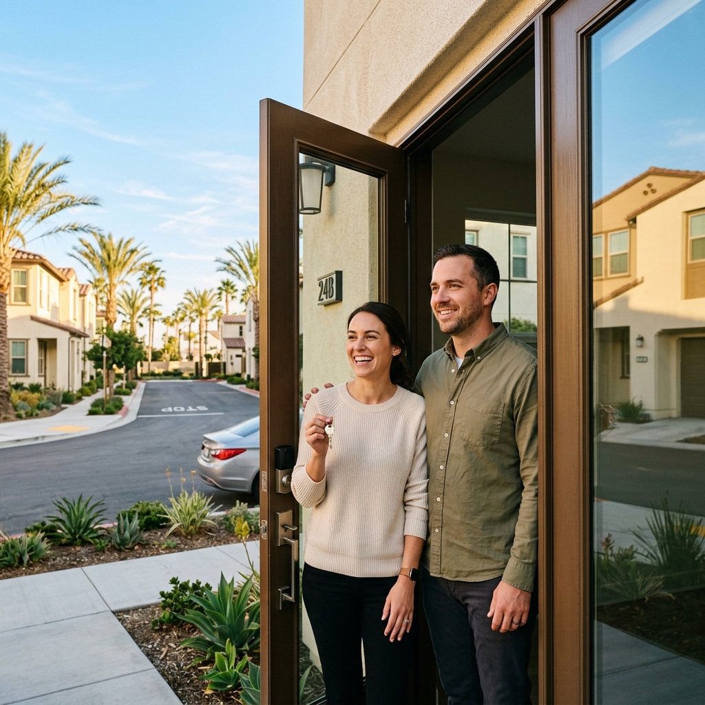Couple holding keys at new construction home entrance at golden hour