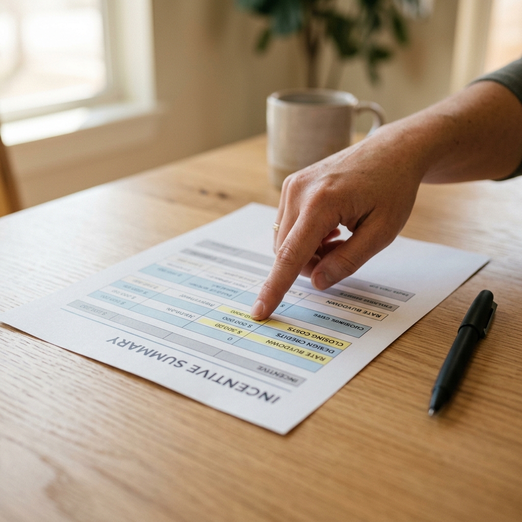 Hand pointing to highlighted builder incentive offer details on printed document