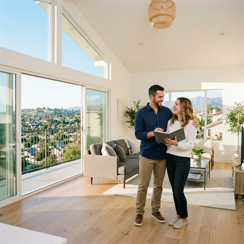 Couple smiling while reviewing new model home interior