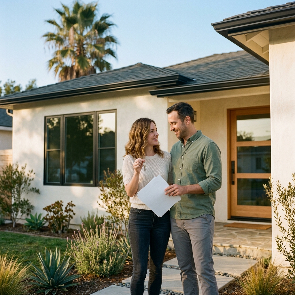 New homeowners holding key on front doorstep at golden hour