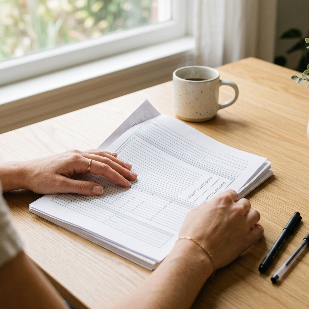 Hands carefully reviewing new construction home purchase documents