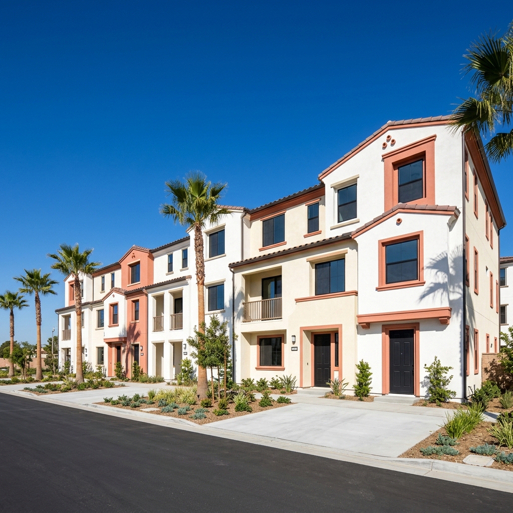 New stucco townhomes in sunny Southern California planned community