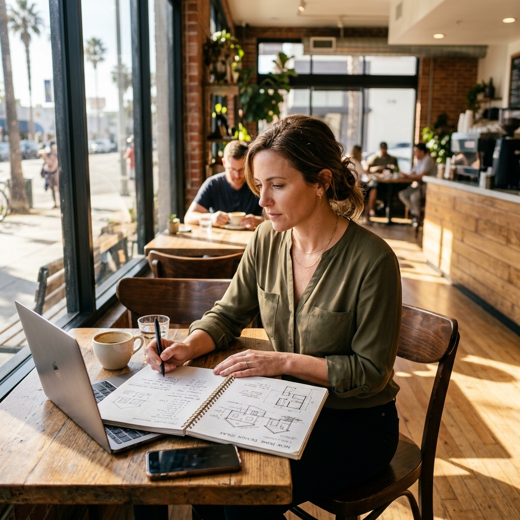 Buyer researching homes at coffee shop