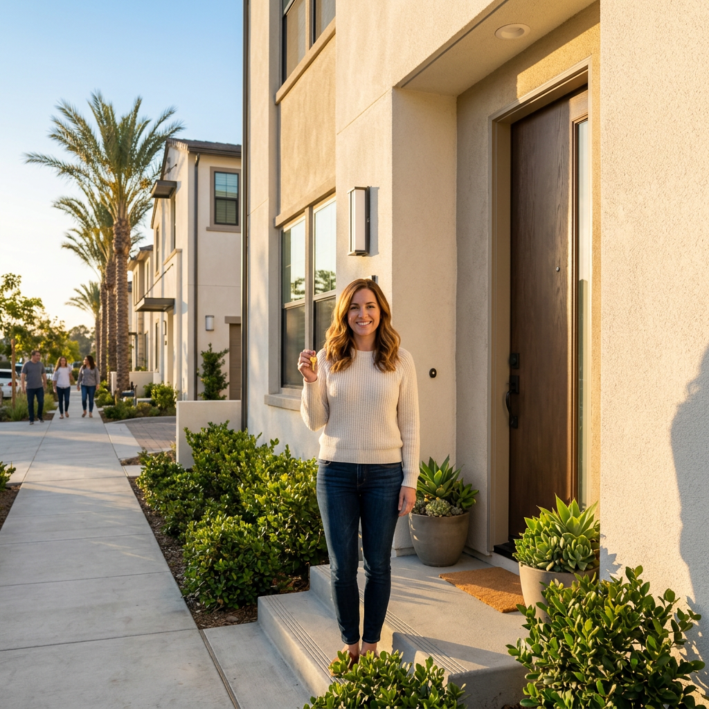 New homeowner holding key at front door