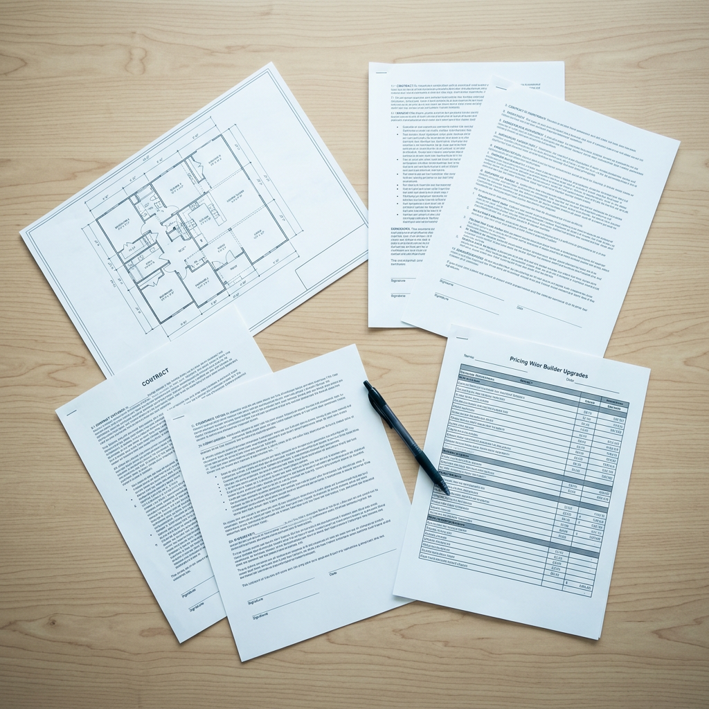 Overhead view of new construction builder contract documents spread out