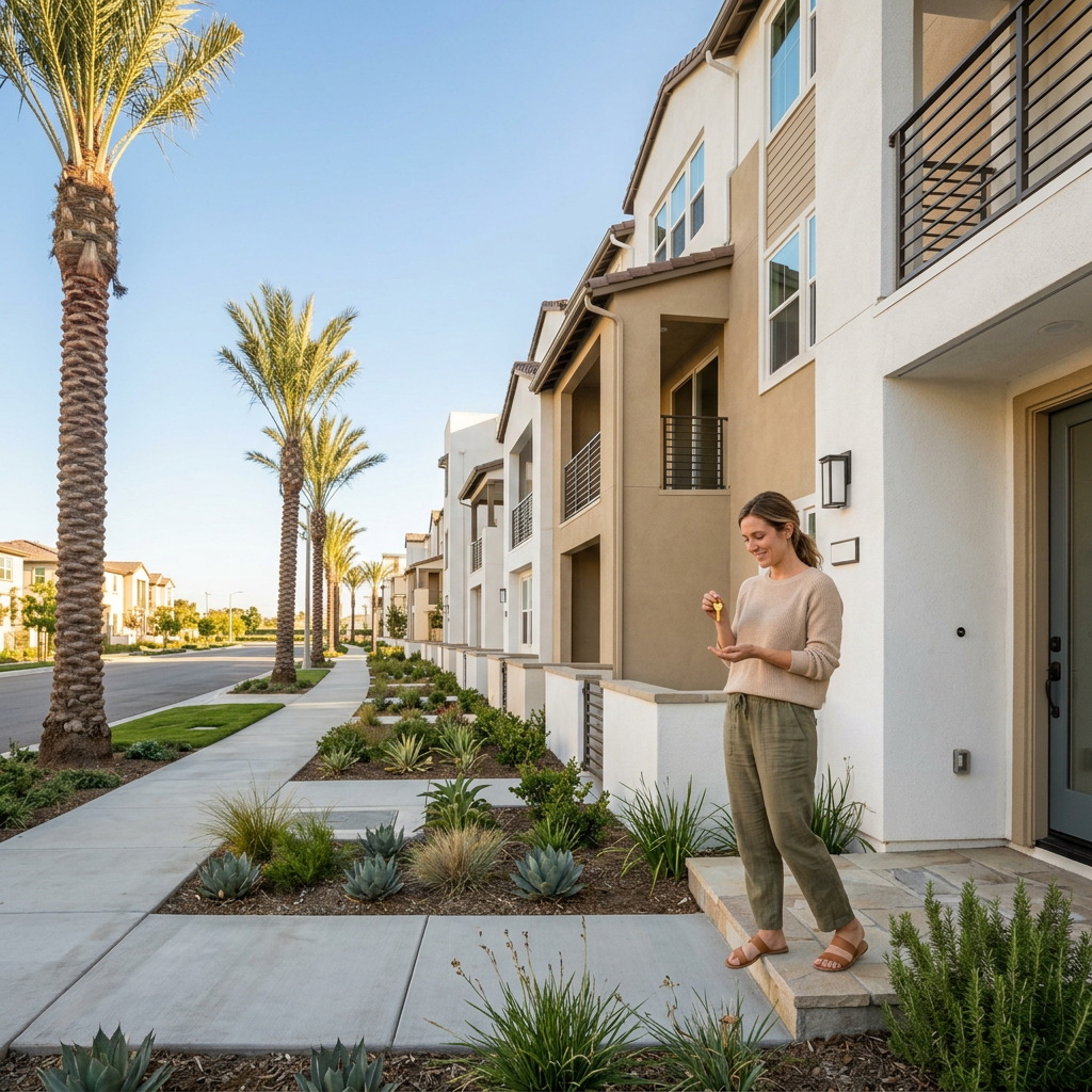 Woman holding house key on doorstep of new SoCal home