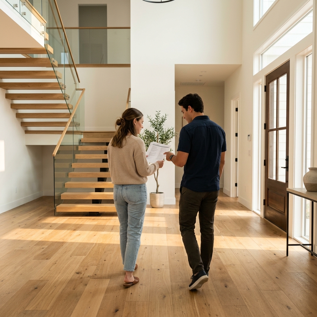 Couple reviewing upgrade checklist in new construction foyer