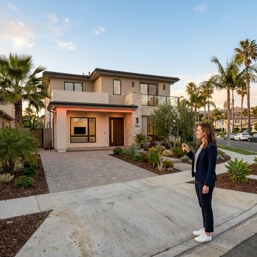 Homebuyer holding key outside new SoCal construction home