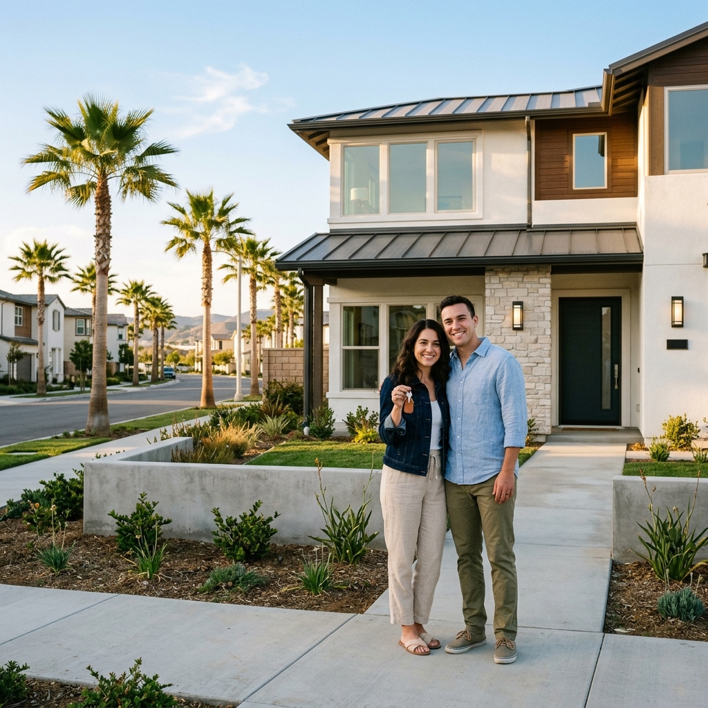 Couple holding keys to new construction home at golden hour