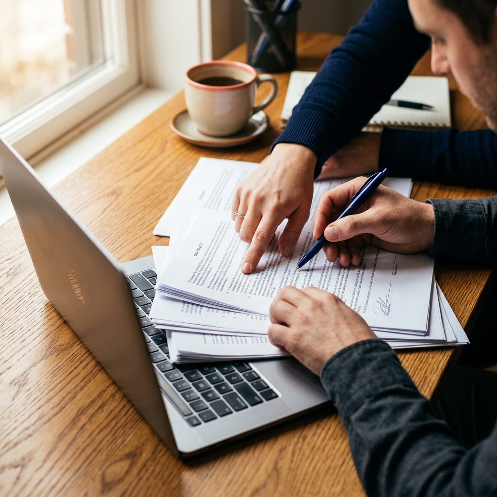 Hands reviewing new construction contract documents together
